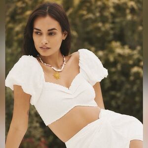 Peixoto Louisa off-shoulder gathered puff sleeve crop top (Size S)